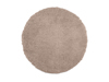 Rund, beige matta med lugg i bomullstextur.