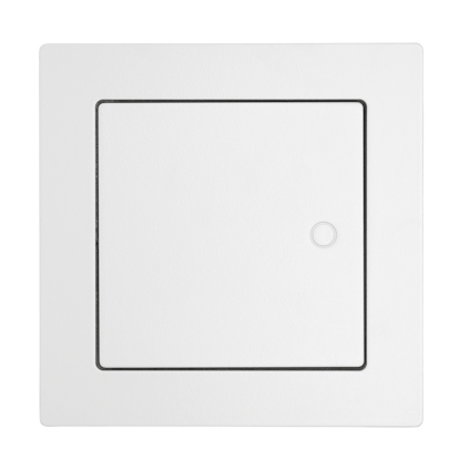 Vit inspektionslucka med en kvadratisk panel och liten cirkulär detalj.