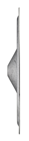 Cirkulär platt metallbricka med konvex mittparti, sedd från sidan.