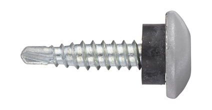 Metallskruv med gummitätning och silverfärgat huvud, liggande horisontellt.