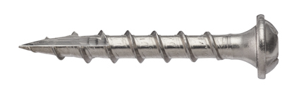 Metallskruv med rundat huvud och gängad shank, mot vit bakgrund.