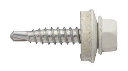 Överlappsskruv i metall med sexkantigt huvud och vit beläggning.