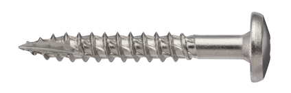 Metallisk skruv med grov gänga och platt huvud.