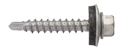 Metallskruv med sexkantshuvud och gummipackning, spårad spets och gängad kropp i aluminium.