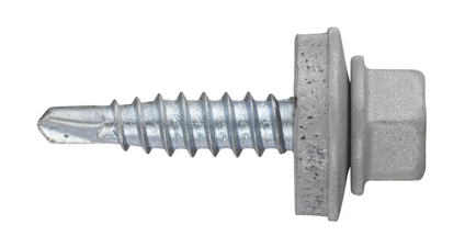 Metallic screw with hexagonal head and washer, silver finish.