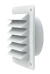 Vit ventilationstrumma med lameller och rund bakkant, fästplatta med fyra hål för montering.