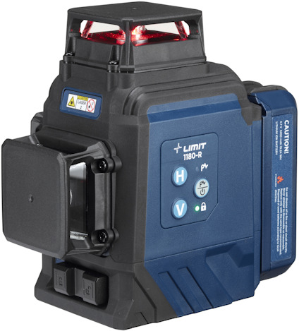 Svart och blå multikorslaser med röd laserstråle och varningsetikett. Texten "LIMIT 1180-R" syns.
