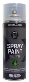 Svart sprayfärg i burk, märkt "Spray Paint Elite", med silverlock och text om snabborkande, hög täckning.