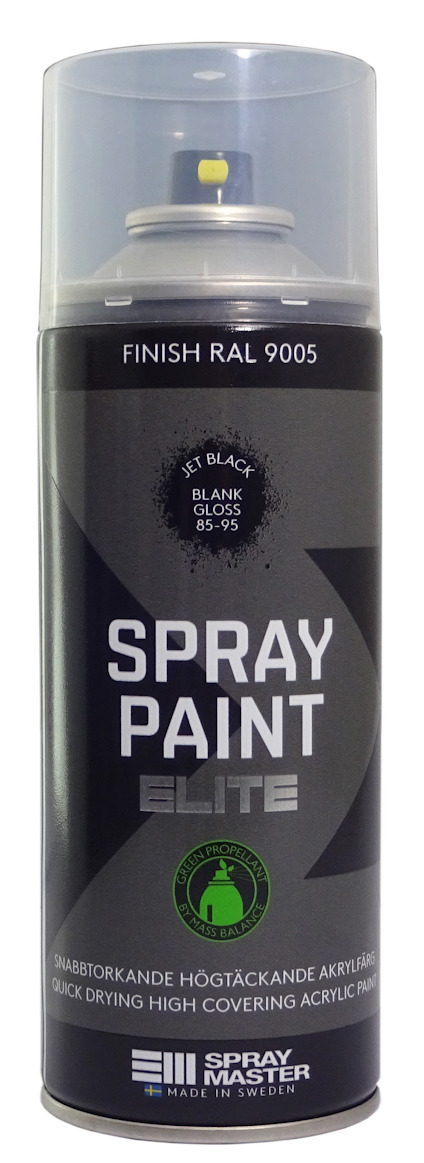 Svart sprayfärg i burk, märkt "Spray Paint Elite", med silverlock och text om snabborkande, hög täckning.