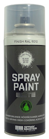 Sprayburk med texten "SPRAY PAINT ELITE", vit färg och blank finish, etikett med grå och svart design.