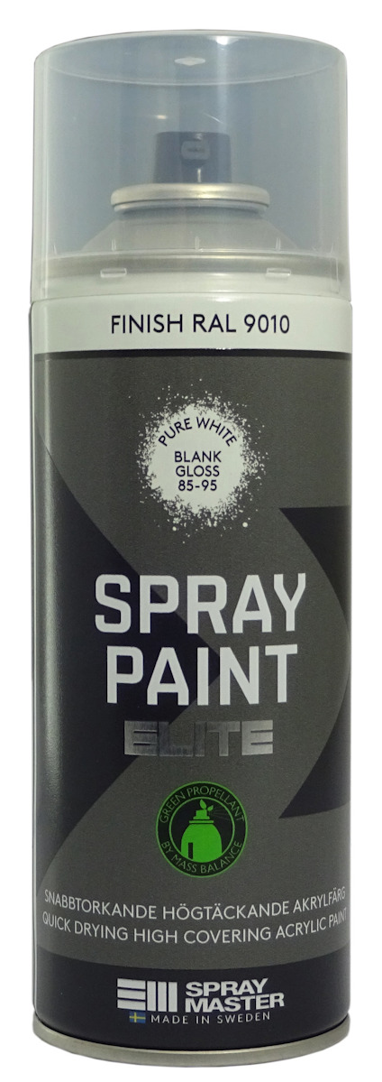 Sprayburk med texten "SPRAY PAINT ELITE", vit färg och blank finish, etikett med grå och svart design.