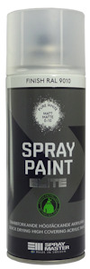 Sprayburk med vit färg, märkt "SPRAY PAINT ELITE" och "FINISH RAL 9010".