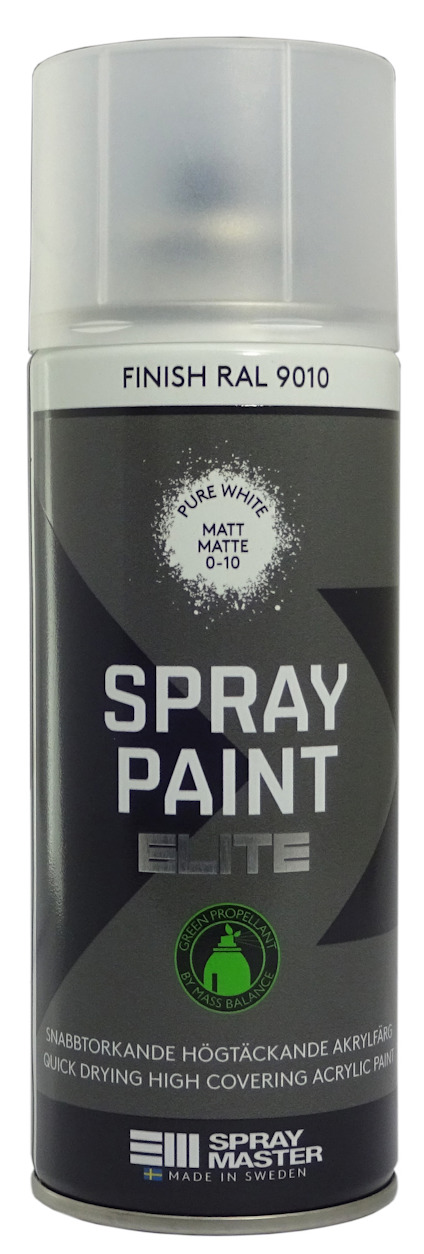 Sprayburk med vit färg, märkt "SPRAY PAINT ELITE" och "FINISH RAL 9010".