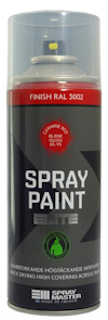 Sprayburk med text "SPRAY PAINT ELITE" i svart och vitt samt "FINISH RAL 3002" i rött.