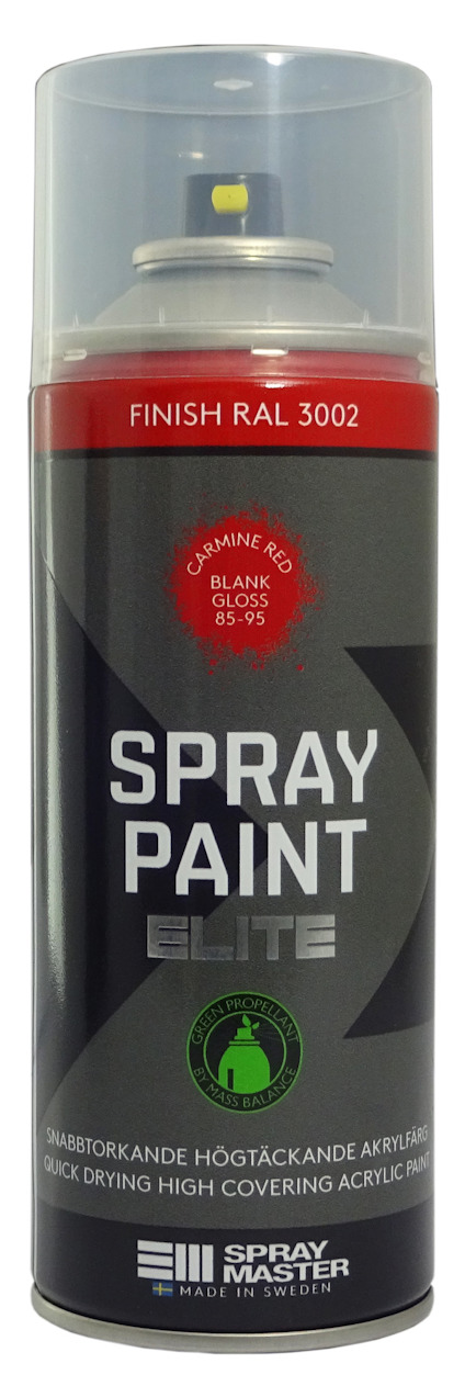 Sprayburk med text "SPRAY PAINT ELITE" i svart och vitt samt "FINISH RAL 3002" i rött.
