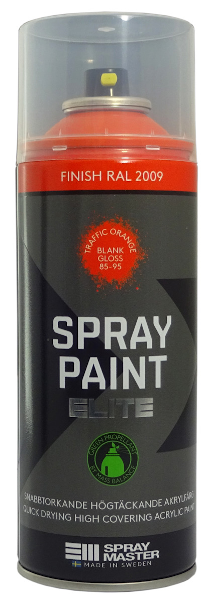 Sprayfärgsburk med etikett "SPRAY PAINT ELITE" och text om snabb torkning och hög täckning.