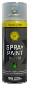 Sprayfärg i svart burk med gul etikett och lock; text "SPRAY PAINT ELITE" och "FINISH RAL 1018".