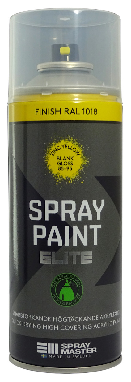 Sprayfärg i svart burk med gul etikett och lock; text "SPRAY PAINT ELITE" och "FINISH RAL 1018".