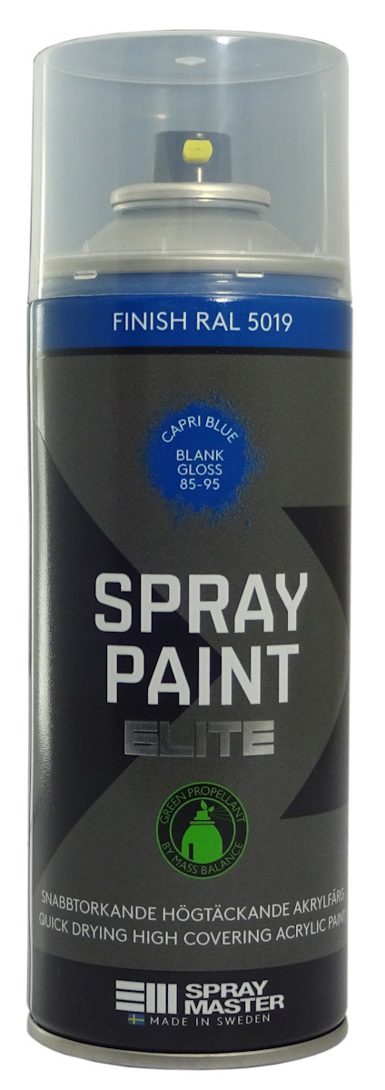Sprayburk med texten "SPRAY PAINT ELITE" och färgkod "RAL 5019". Färgen är blå och blank.