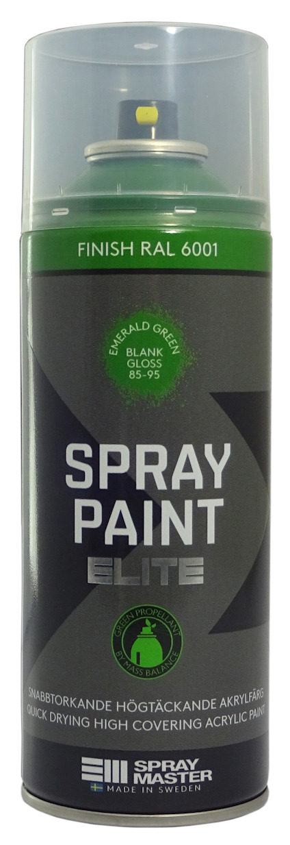 Sprayfärg i en grön burk med texten "SPRAY PAINT ELITE" och "FINISH RAL 6001".