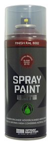 Sprayburk med etikett "SPRAY PAINT ELITE" och text "FINISH RAL 8002", samt varumärket "SPRAY MASTER".