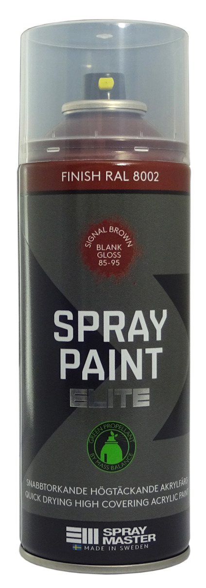 Sprayburk med etikett "SPRAY PAINT ELITE" och text "FINISH RAL 8002", samt varumärket "SPRAY MASTER".