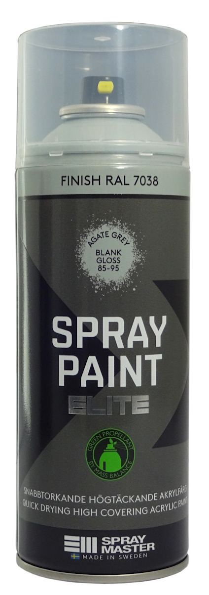 Sprayburk med lock, etikett text: "SPRAY PAINT ELITE", "FINISH RAL 7038", logotyp och annan produktinformation.