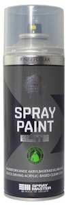 Sprayburk med texten "SPRAY PAINT ELITE", märket "SPRAY MASTER", samt detaljer om snabb torktid och blank finish.