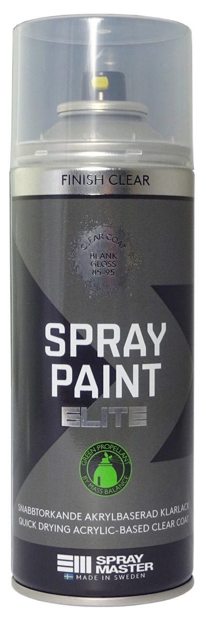 Sprayburk med texten "SPRAY PAINT ELITE", märket "SPRAY MASTER", samt detaljer om snabb torktid och blank finish.