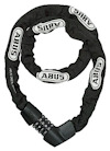 Svart kedjelås med kombinationslås och överdrag med texten "ABUS" upprepade gånger.