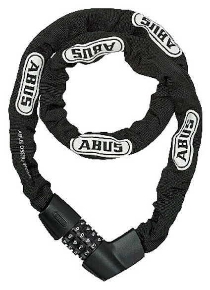 Svart kedjelås med kombinationslås och överdrag med texten "ABUS" upprepade gånger.