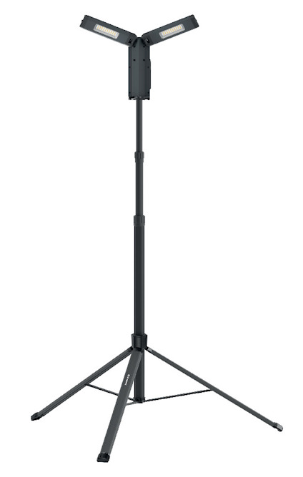 Svart arbetsbelysning med justerbar stång och två LED-paneler på ett tripod-stativ.