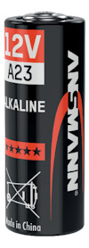 Cylindrisk svart batteri med texten "12V", "A23", "ALKALINE", "ANSMANN" och symboler.