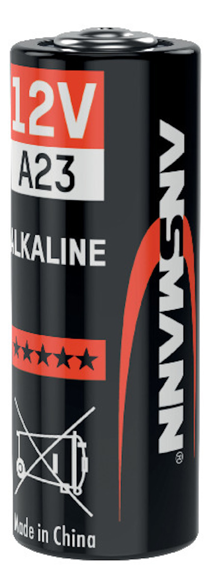 Cylindrisk svart batteri med texten "12V", "A23", "ALKALINE", "ANSMANN" och symboler.