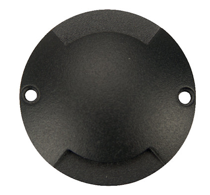 Svart, rund metallplatta med två monteringshål på vardera sida.