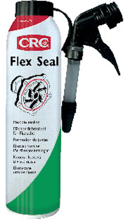 Aerosolburk med etikett "CRC Flex Seal", och illustration av en fläns. Sprutmunstycke i svart. Text på flera språk.
