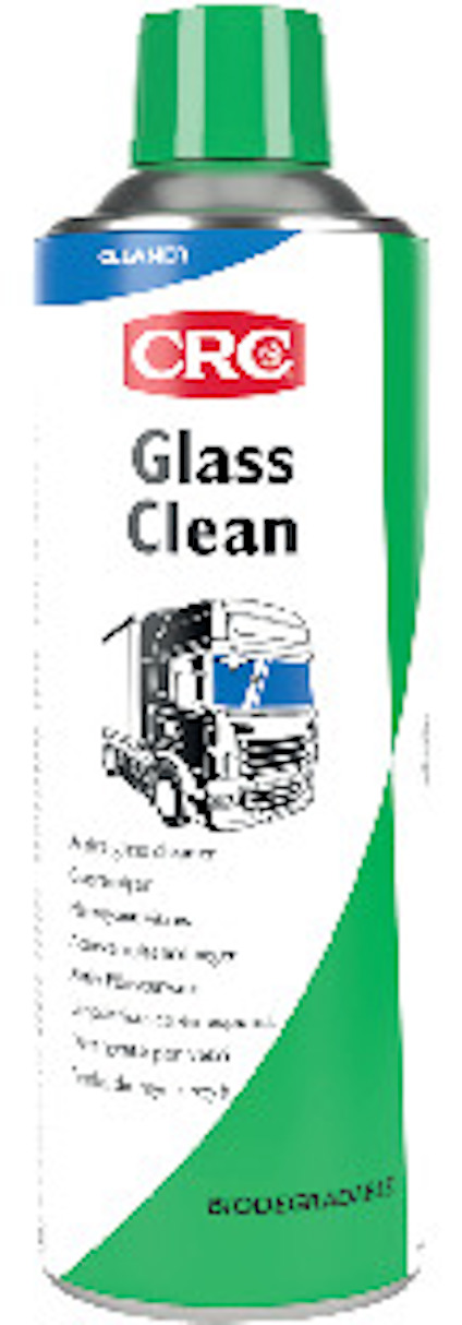 Sprayflaska med grön etikett för CRC Glass Clean, avbildad med en skiss av en lastbil.