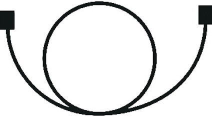Svart linjeteckning av en spiralformad kabel med rektangulära anslutningar i båda ändarna.