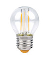 Genomskinlig glödlampa med synliga ledare och metallisk sockel, designad i klassisk form.
