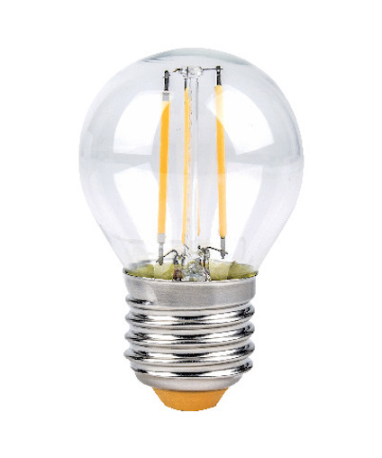 Genomskinlig glödlampa med synliga ledare och metallisk sockel, designad i klassisk form.