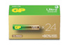 Förpackning med 24 GP Ultra Alkaline AAA-batterier, guldfärgad med grön text och batteriillustration.