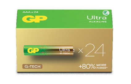 Förpackning med 24 GP Ultra Alkaline AAA-batterier, guldfärgad med grön text och batteriillustration.