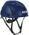 Blå hjälm med svart rem och orange spänne, vit text "KASK" på sidan, svarta ventilationsöppningar.