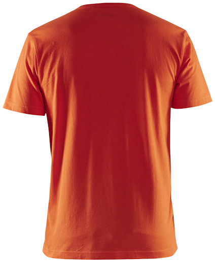 Orange t-shirt, baksida sedd rakt framifrån.