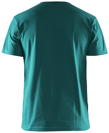 Grön T-shirt sedd bakifrån, utan tryck eller mönster.