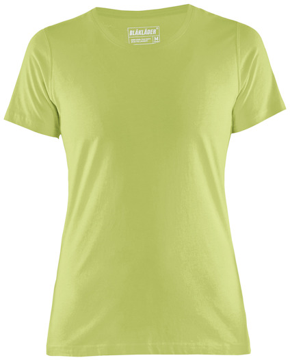 Limegrön T-shirt med kort ärm, rund hals och Blåkläder-logotyp tryckt i nacken.