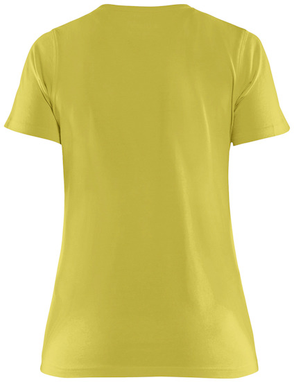 En enfärgad, kortärmad t-shirt i gul nyans, sedd bakifrån.