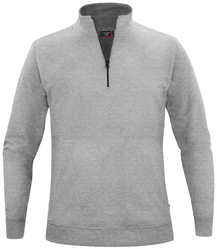 Grå sweatshirt med halv dragkedja och ståkrage, långärmad design.