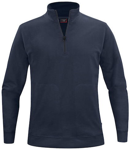 Mörkblå sweatshirt med dragkedja vid halsen och långa ärmar.