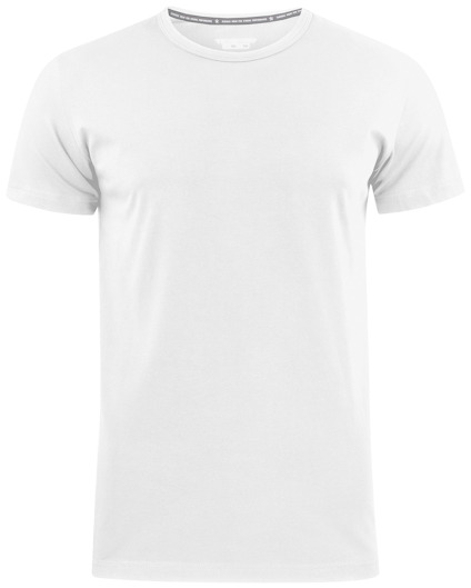 Vit t-shirt med rund hals och korta ärmar, enkel och stilren design.